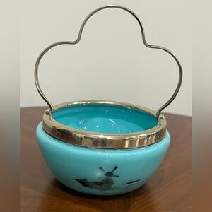 MCM Vintage Blue Satin Glass Candy Dish w/ EPNS Silver Plate Handle Windmill